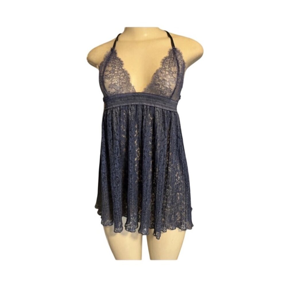 Victorias Secret L Blue Lace Sheer Babydoll Lingerie  Racerback & Adj. straps